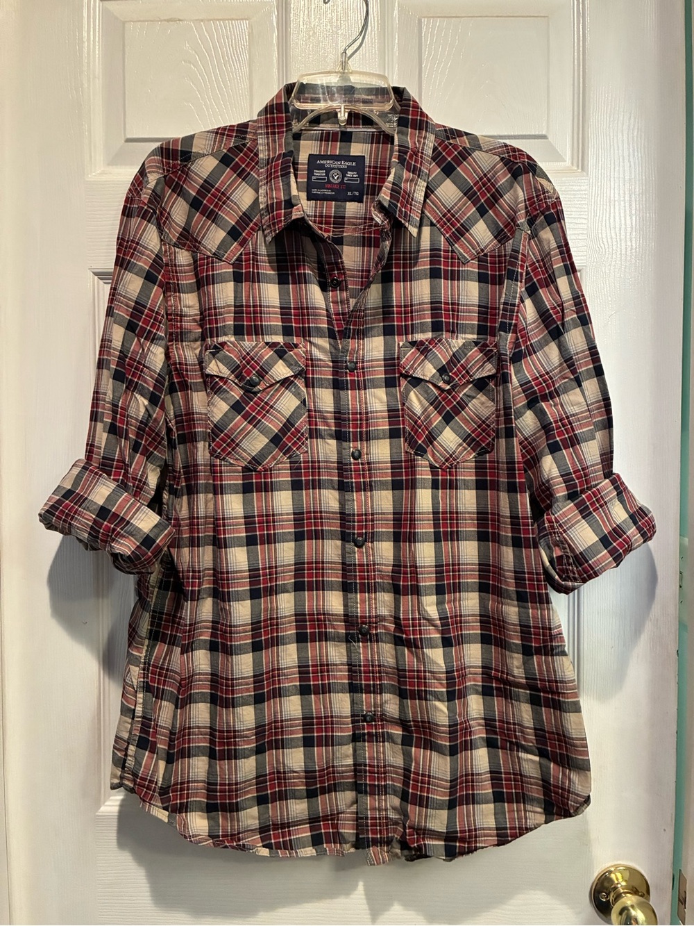 American Eagle Outfitters Red & Cream Plaid Button-Down Shirt